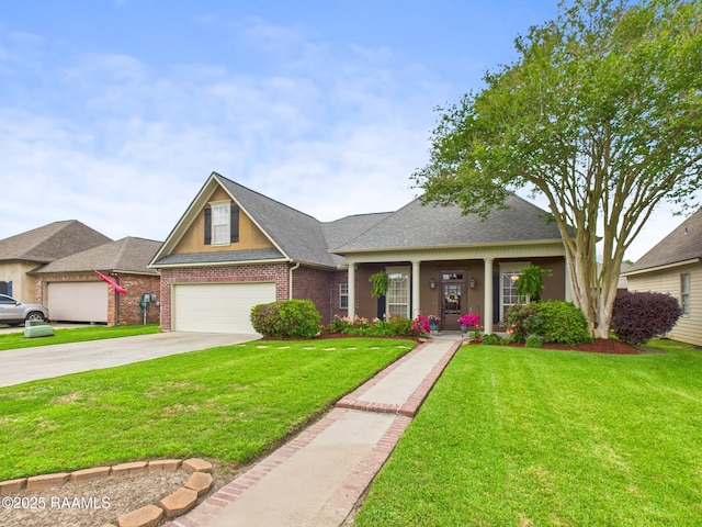 124 Vestige Cir, Lafayette, LA 70508 - view of front of home featuring a front yard, a shingled roof, a garage, brick siding, and concrete driveway