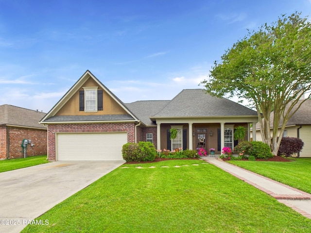 124 Vestige Cir, Lafayette, LA 70508 - traditional home featuring driveway, roof with shingles, a front yard, an attached garage, and brick siding