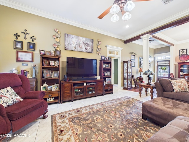 124 Vestige Cir, Lafayette, LA 70508 - living area featuring ornate columns, light tile patterned floors, a ceiling fan, and ornamental molding