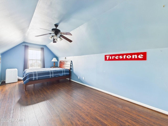 124 Vestige Cir, Lafayette, LA 70508 - bedroom with hardwood / wood-style flooring, a ceiling fan, lofted ceiling, and baseboards