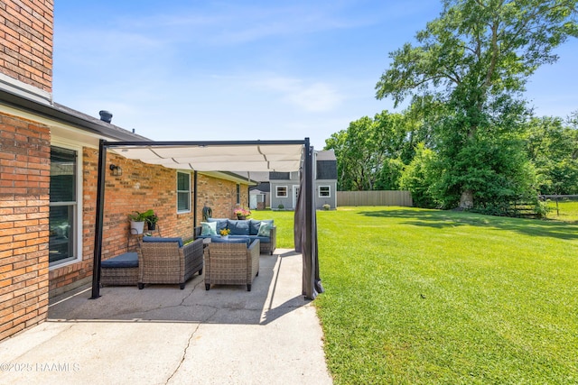 view of yard featuring an outdoor structure, fence, a patio, an outdoor hangout area, and a shed