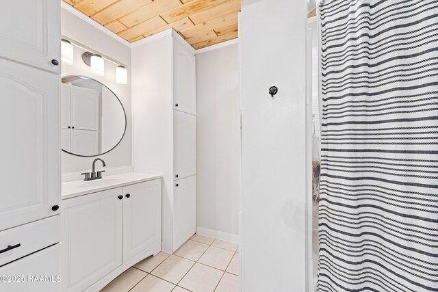 full bathroom featuring vanity, curtained shower, crown molding, wood ceiling, and tile patterned flooring