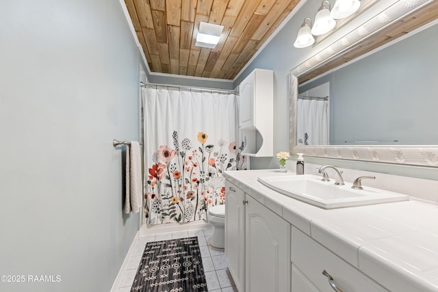 bathroom featuring wooden ceiling, vanity, curtained shower, toilet, and tile patterned flooring