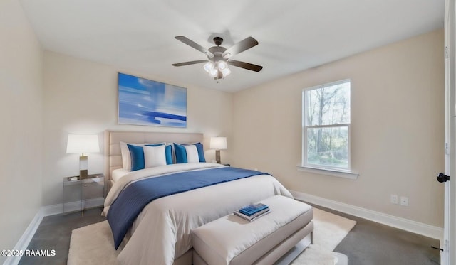 bedroom featuring finished concrete floors, ceiling fan, and baseboards