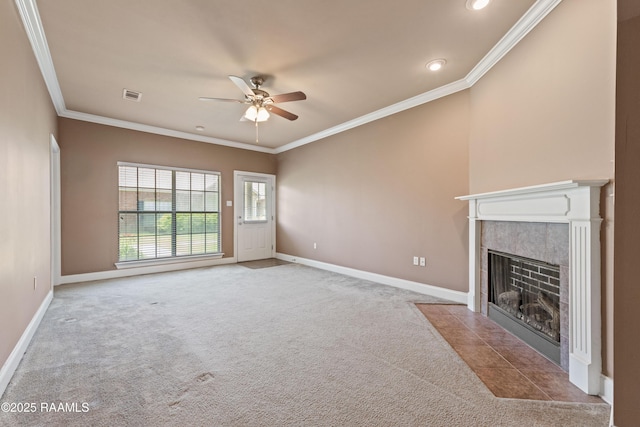 4000 Mchugh Rd Unit 102, Zachary, LA 70791 - unfurnished living room with a ceiling fan, crown molding, carpet, baseboards, and a fireplace
