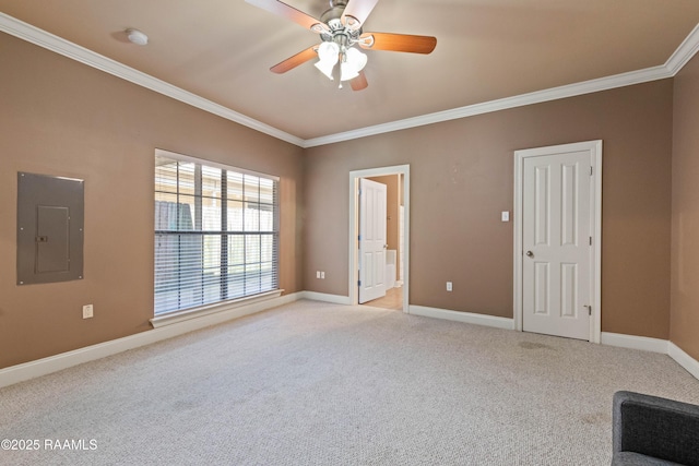 4000 Mchugh Rd Unit 102, Zachary, LA 70791 - spare room with electric panel, crown molding, light carpet, baseboards, and a ceiling fan