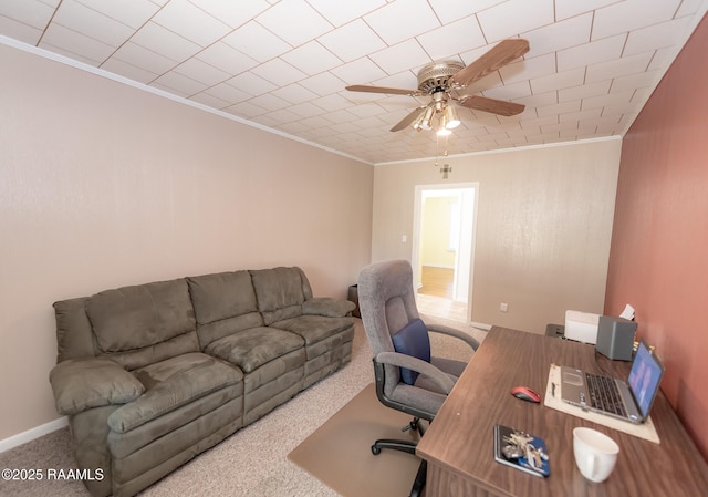 office space featuring crown molding, a ceiling fan, and carpet flooring