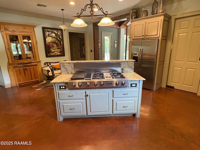 10427 U S Highway 167, Abbeville, LA 70510 - kitchen featuring a kitchen island, visible vents, crown molding, pendant lighting, and stainless steel appliances