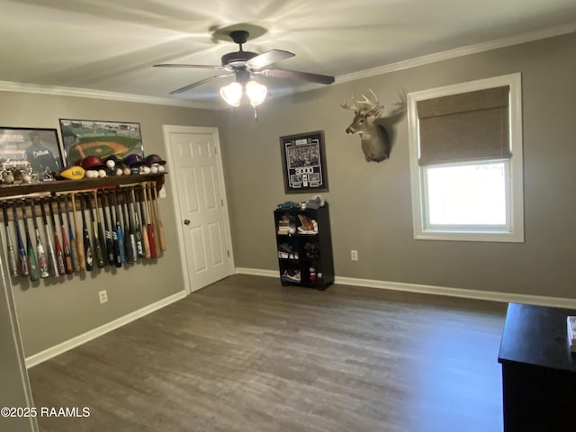 10427 U S Highway 167, Abbeville, LA 70510 - unfurnished bedroom with baseboards, ornamental molding, a ceiling fan, and wood finished floors