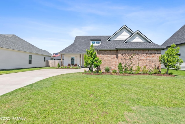view of front of property with fence, a front yard, roof with shingles, brick siding, and concrete driveway