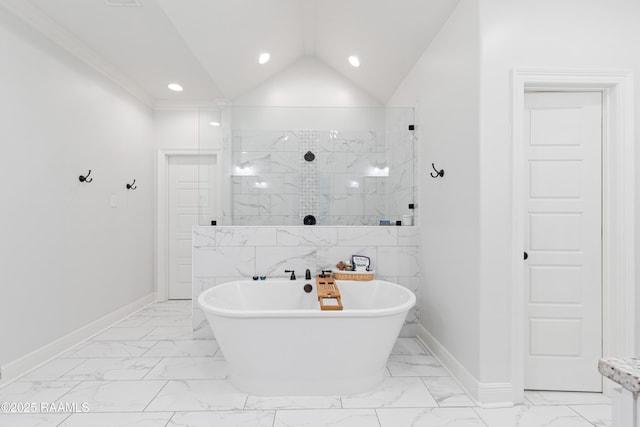 full bathroom featuring marble finish floor, a freestanding tub, baseboards, recessed lighting, and a tile shower