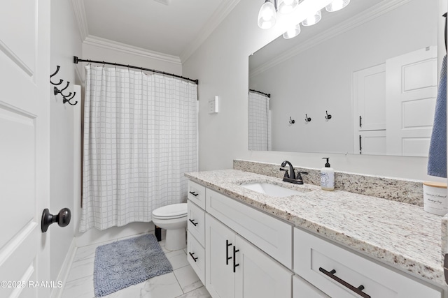 bathroom with crown molding, marble finish floor, toilet, and vanity