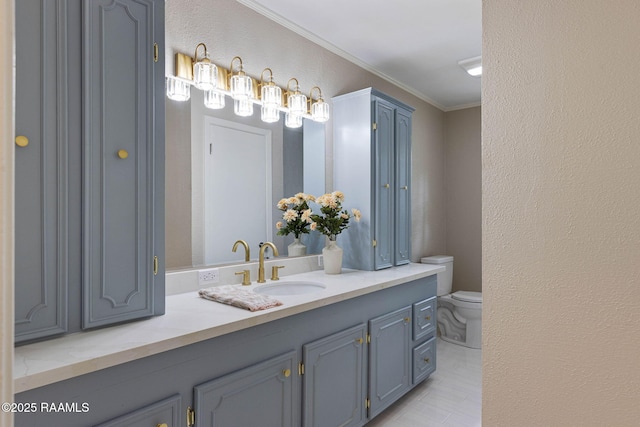 204 Tillou Andrus Dr, Opelousas, LA 70570 - bathroom with vanity, ornamental molding, a textured wall, and toilet