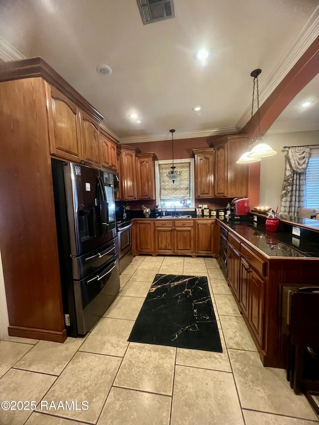 107 Octavia Dr, Scott, LA 70583 - kitchen with black appliances, crown molding, dark countertops, a peninsula, and pendant lighting