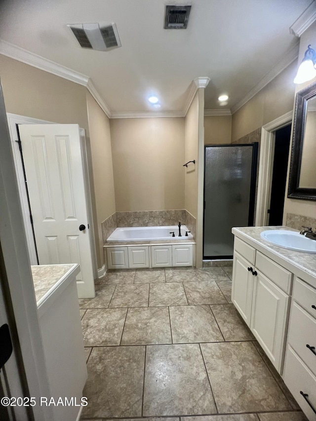 107 Octavia Dr, Scott, LA 70583 - full bath featuring vanity, a shower stall, a garden tub, and ornamental molding