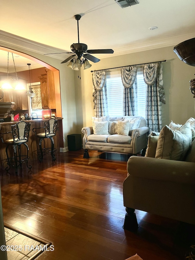 107 Octavia Dr, Scott, LA 70583 - living area featuring crown molding, hardwood / wood-style floors, and a ceiling fan