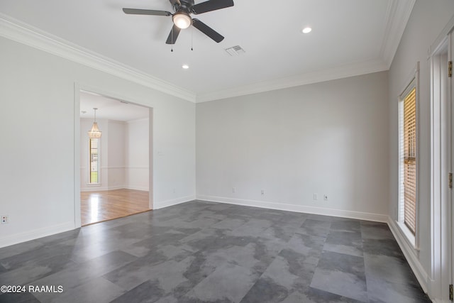 spare room with visible vents, a ceiling fan, crown molding, and recessed lighting