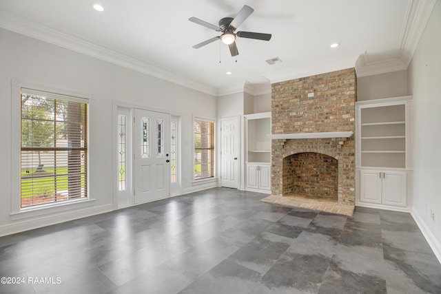 unfurnished living room featuring visible vents, ceiling fan, crown molding, and recessed lighting