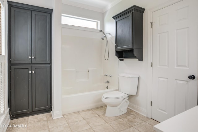 full bath with tile patterned floors, toilet, shower / tub combination, baseboards, and crown molding