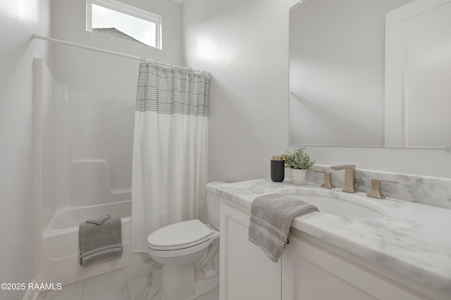 full bath with vanity, toilet, shower / bath combination with curtain, and marble finish floor