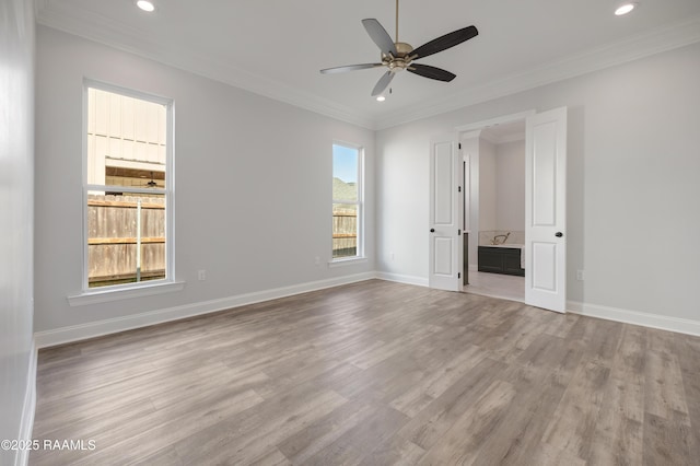 unfurnished room with recessed lighting, ceiling fan, wood finished floors, and baseboards