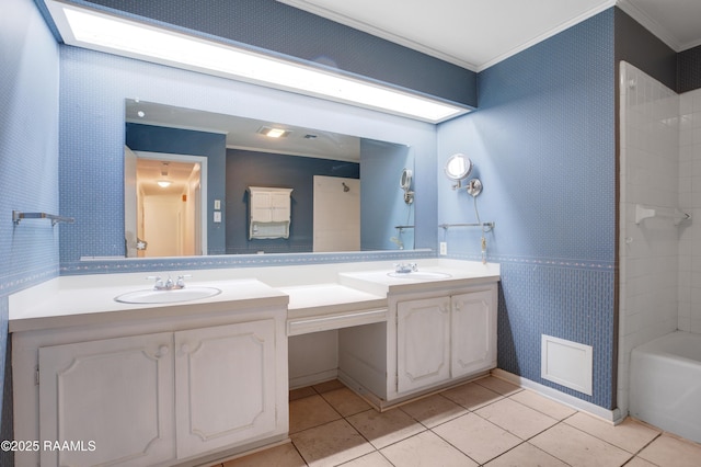 1621 Elm St, New Iberia, LA 70560 - bathroom featuring crown molding, double vanity, a sink, and tile patterned flooring