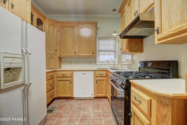 627 Weeks St, New Iberia, LA 70560 - kitchen featuring white appliances, under cabinet range hood, a sink, crown molding, and light countertops