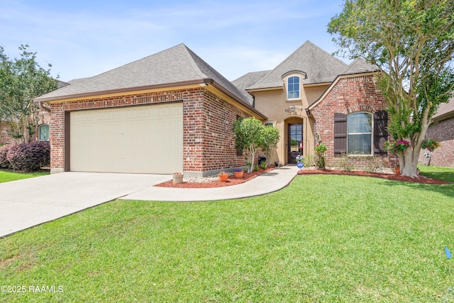 french country style house with an attached garage, concrete driveway, brick siding, and a front yard