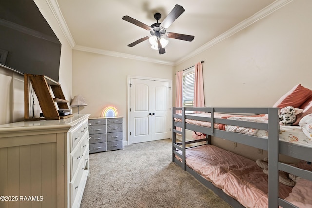 bedroom with light colored carpet, ornamental molding, and a ceiling fan