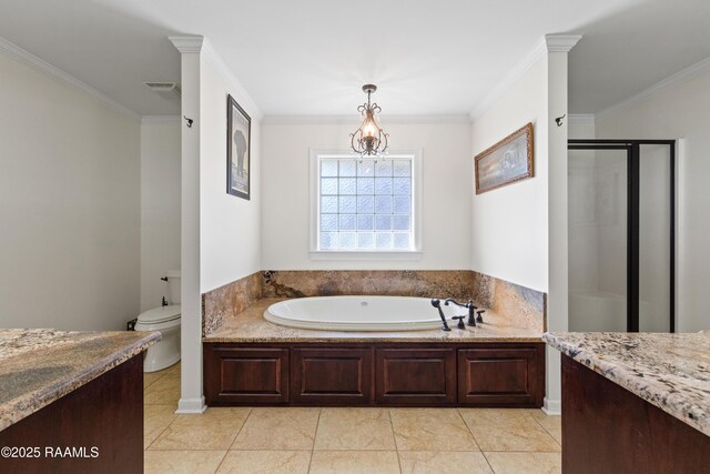 492 Kent St, Breaux Bridge, LA 70517 - full bathroom with a shower stall, ornamental molding, a garden tub, vanity, and toilet