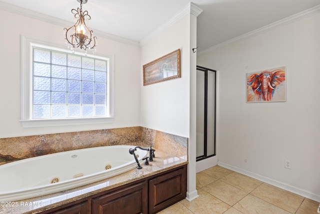 492 Kent St, Breaux Bridge, LA 70517 - full bath with plenty of natural light, ornamental molding, a stall shower, a whirlpool tub, and tile patterned floors