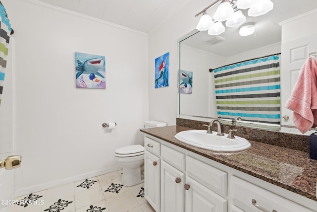 492 Kent St, Breaux Bridge, LA 70517 - bathroom with ornamental molding, toilet, vanity, baseboards, and tile patterned floors