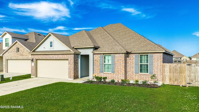 traditional home with fence, brick siding, a garage, a front yard, and driveway