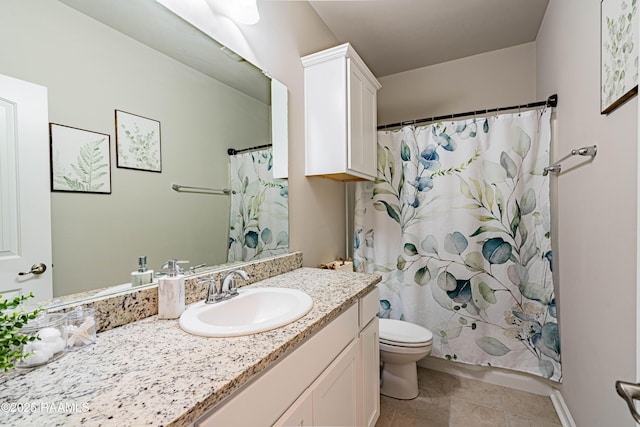 bathroom featuring vanity, tile patterned floors, curtained shower, and toilet