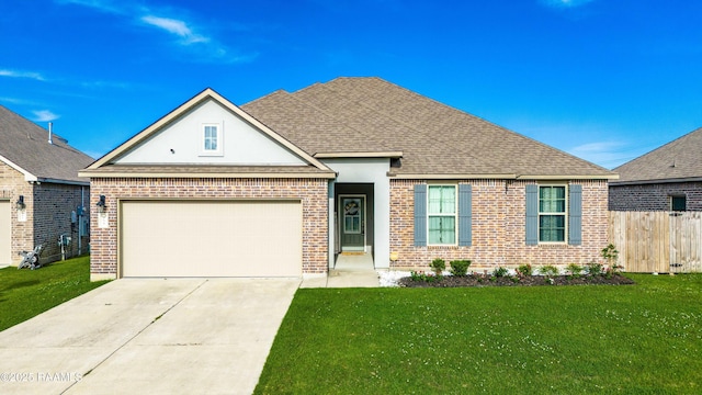 view of front of house with concrete driveway, a front lawn, and brick siding