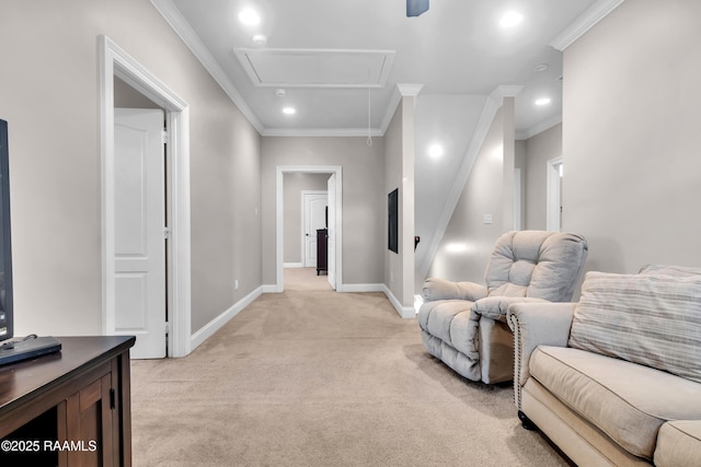 corridor with attic access, baseboards, ornamental molding, light carpet, and recessed lighting