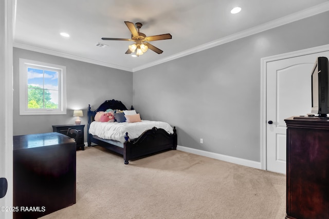bedroom with light carpet, a ceiling fan, baseboards, visible vents, and ornamental molding