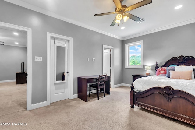 bedroom with baseboards, ornamental molding, and light carpet