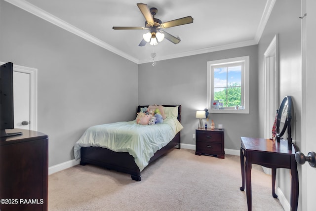 bedroom featuring baseboards, ornamental molding, ceiling fan, and carpet flooring