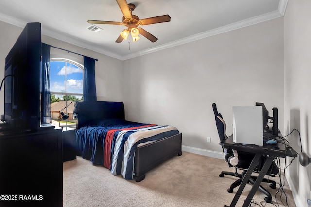 carpeted bedroom featuring visible vents, ornamental molding, baseboards, and ceiling fan