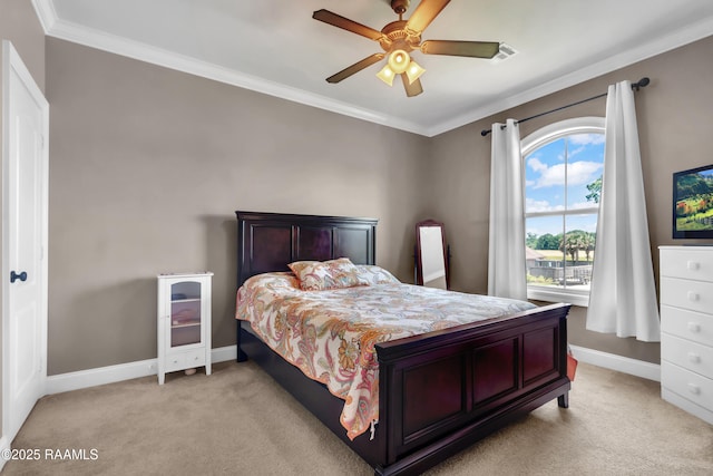 bedroom with baseboards, ornamental molding, and light colored carpet