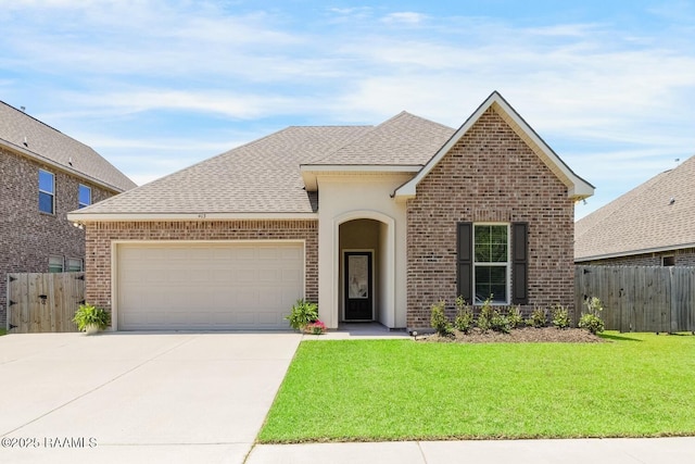 view of front of property featuring fence, brick siding, a shingled roof, concrete driveway, and an attached garage