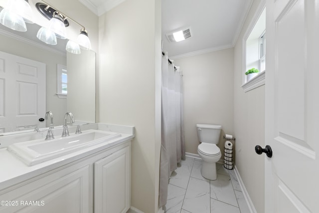 full bathroom with toilet, visible vents, baseboards, marble finish floor, and ornamental molding