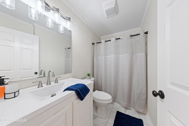bathroom featuring vanity, ornamental molding, toilet, and visible vents