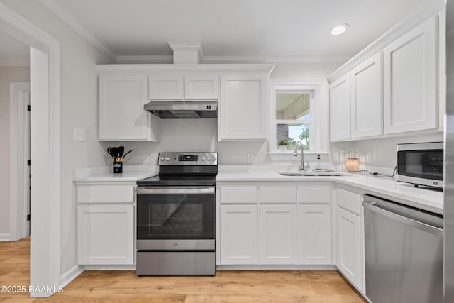 kitchen featuring ornamental molding, a sink, appliances with stainless steel finishes, and under cabinet range hood