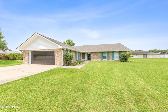 ranch-style house with driveway, an attached garage, brick siding, and a front yard