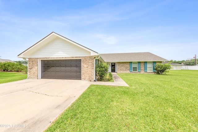 ranch-style house featuring concrete driveway, a front lawn, brick siding, and a garage