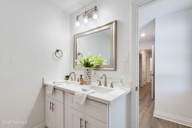 bathroom featuring double vanity, wood finished floors, baseboards, and a sink