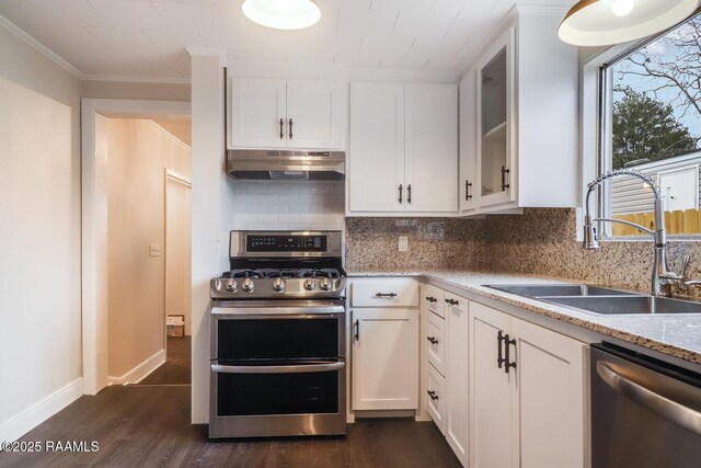 109 W Roosevelt St, Broussard, LA 70518 - kitchen featuring under cabinet range hood, appliances with stainless steel finishes, a sink, dark wood finished floors, and crown molding