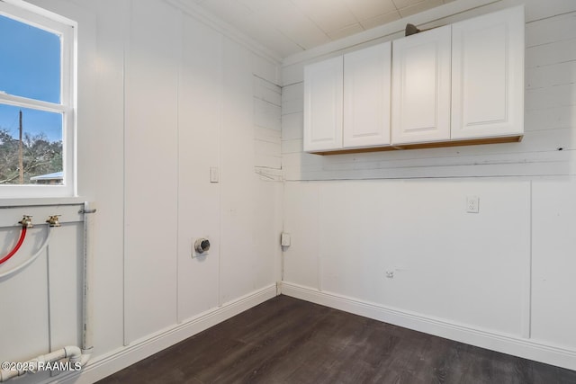 109 W Roosevelt St, Broussard, LA 70518 - laundry area with cabinet space, washer hookup, dark wood finished floors, baseboards, and ornamental molding